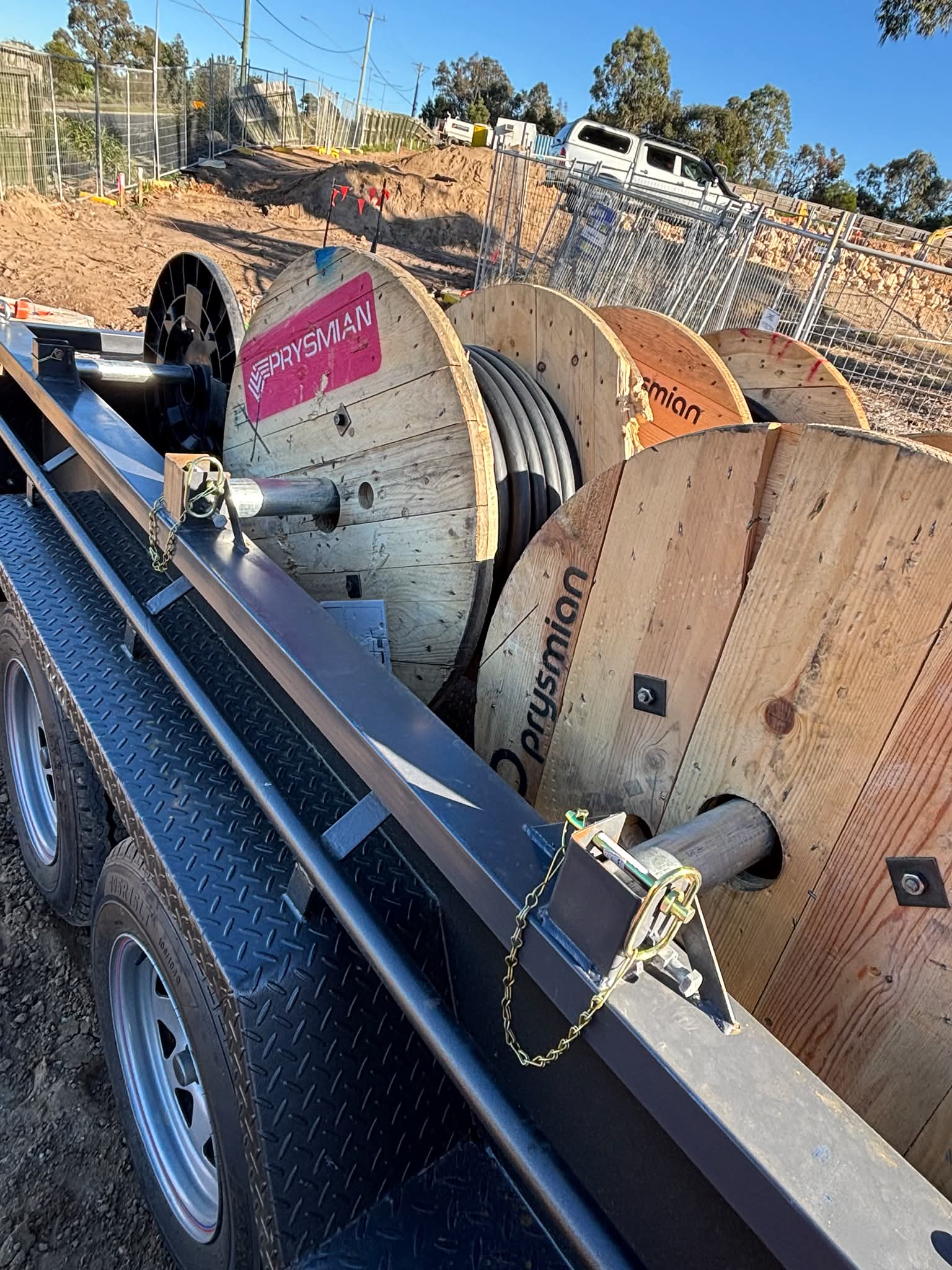 Cable drums ready for hauling on site